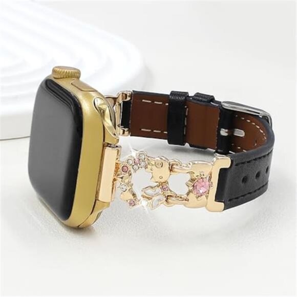 NEW Black/Gold Leather with floral design Apple Watch Band - Picture 2 of 6
